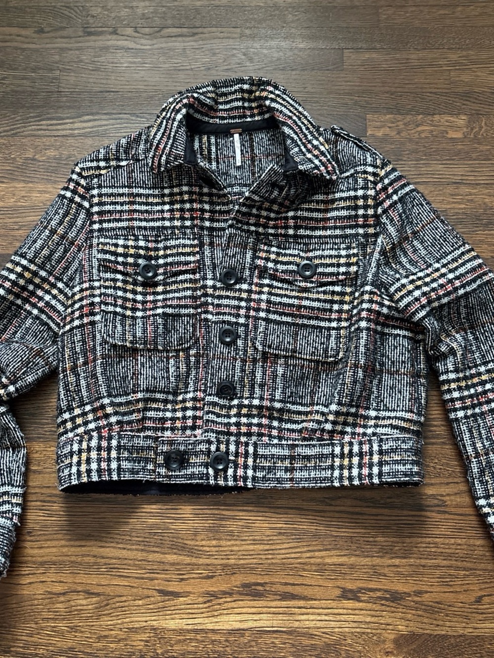 Free People Cropped Plaid Jacket in Black, White and Pink Accent